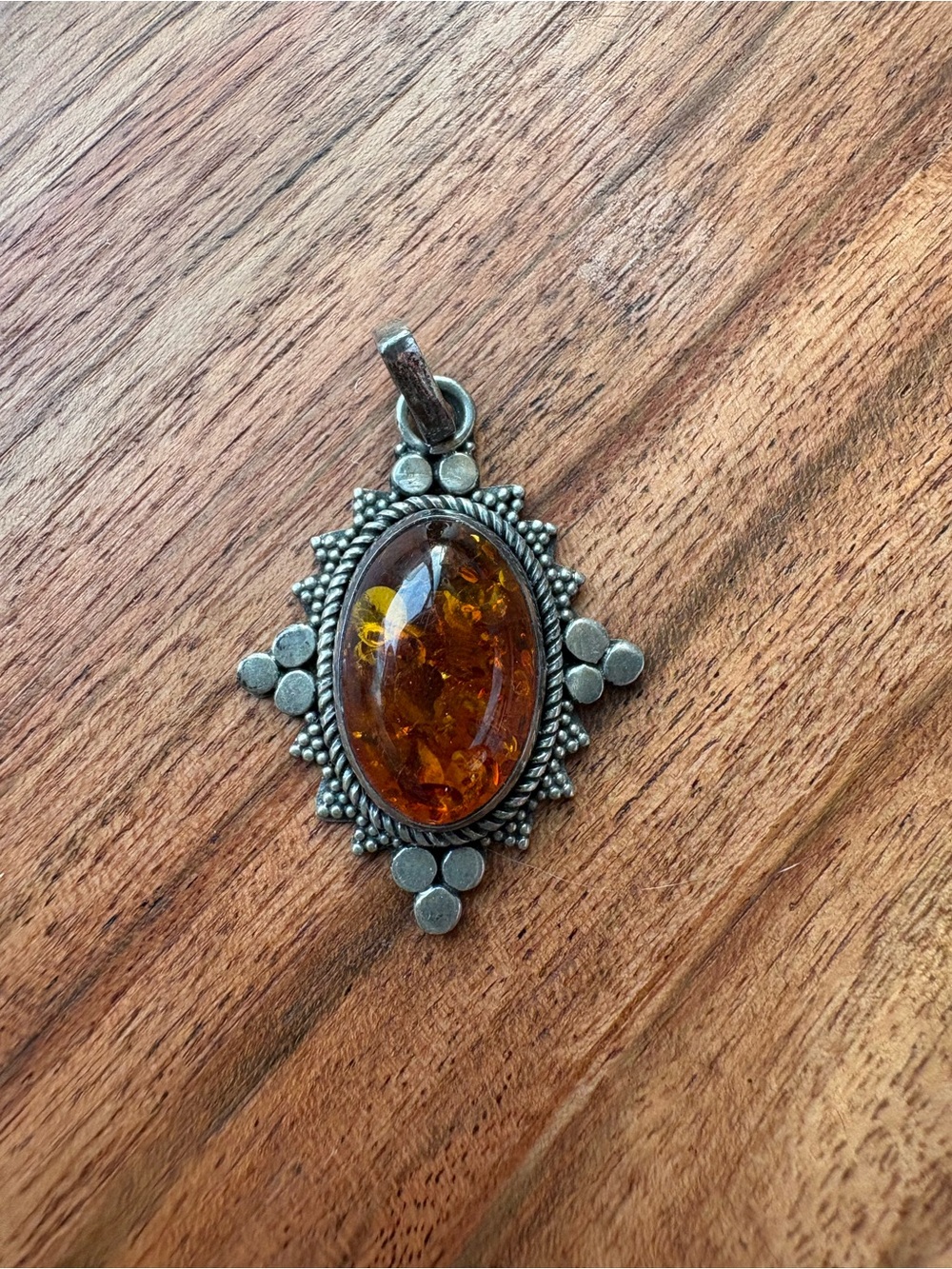 Vintage Sterling Silver Pendant with  Amber Oval Stone